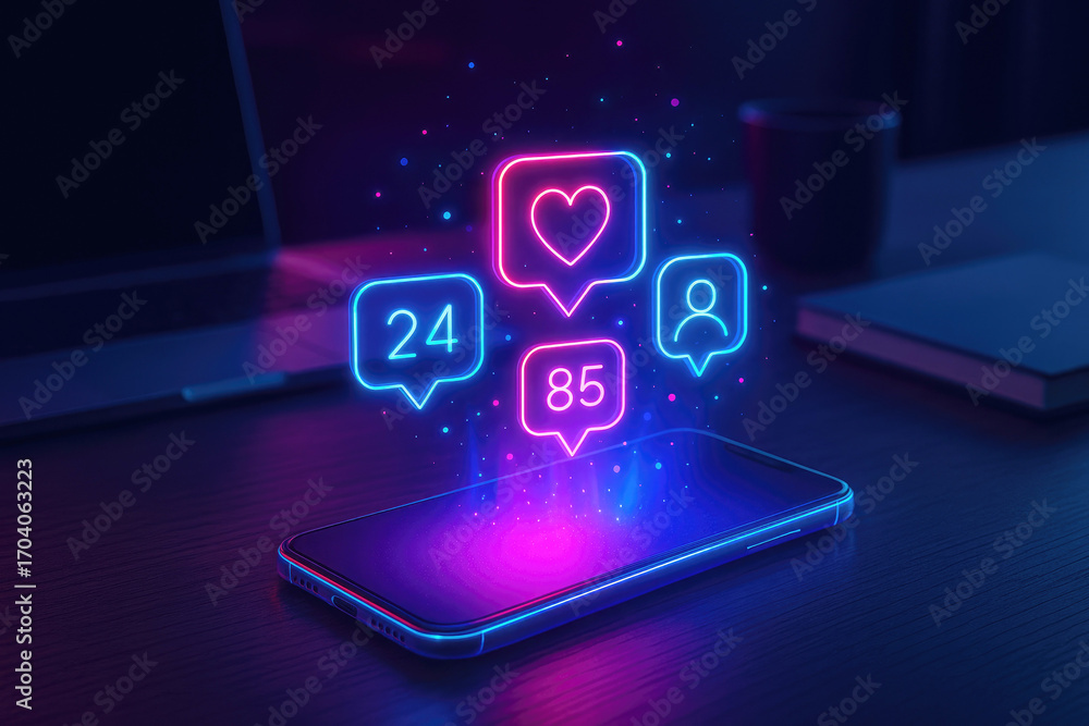 Fototapeta premium Smartphone with vibrant neon social media notifications for likes comments and followers in a dark setting