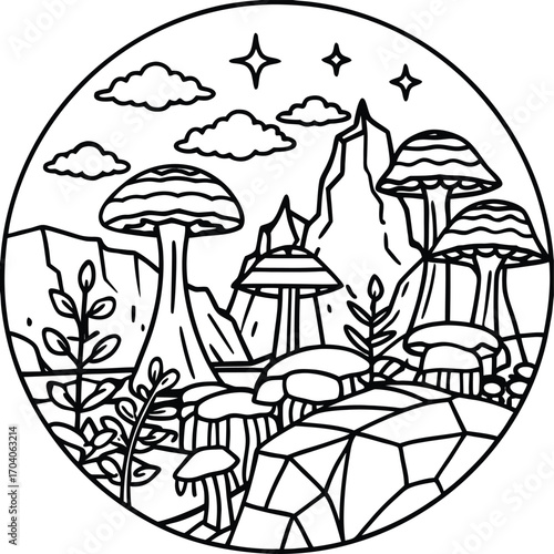 Mysterious alien planet landscape with bizarre rock formations and luminescent fungi under an unknown sky