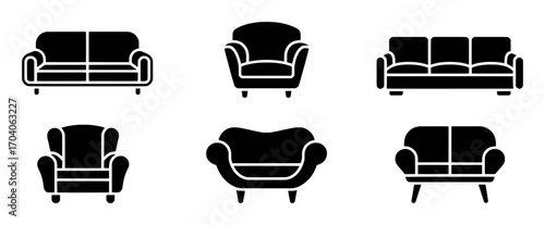 Collection of Black Silhouettes of Sofas and Armchairs on White Background