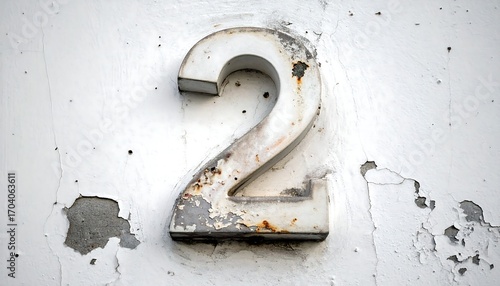 Worn number two on weathered wall