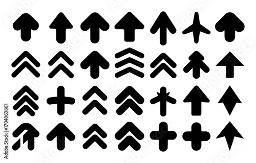Collection of Black Upward Arrows and Symbols on White Background
