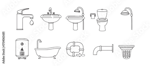 Bathroom plumbing icon collection. Vector illustration of water supply and drainage. Concepts of faucet, sink, and shower. Symbols for toilet and bathtub. Representation of home sanitation and heating