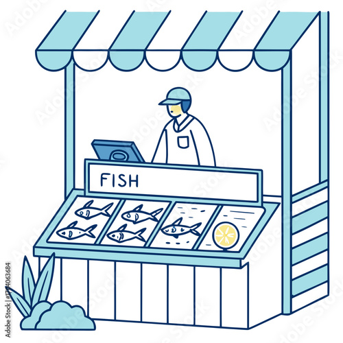 Flat Vector Illustration of a Fish Market Stall

