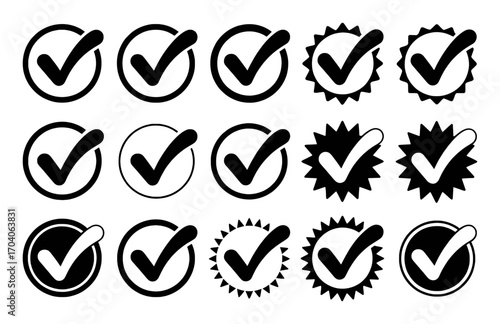 Collection of Check Mark Icons in Circles and Starbursts