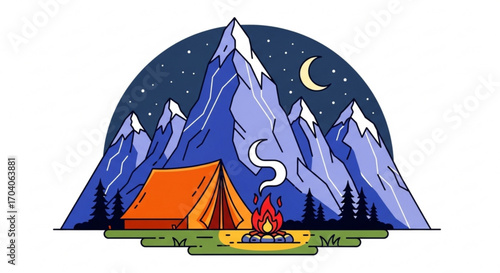 A serene camping scene with a tent, campfire, and majestic mountains under a starry night sky, perfect for nature