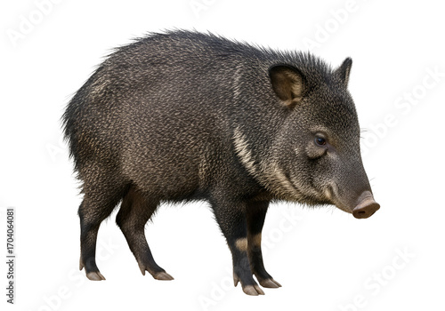 A full shot of a dark gray peccary against a black background, showcasing its detailed fur and posture.