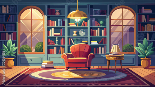 Elegant reading room featuring floor-to-ceiling shelves, velvet armchair, soft rug, and golden lamp light, creating a cozy yet sophisticated literary atmosphere.