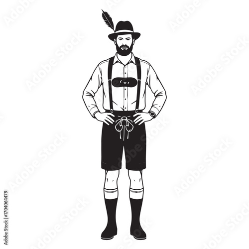 Man in traditional bavarian lederhosen and hat with feather