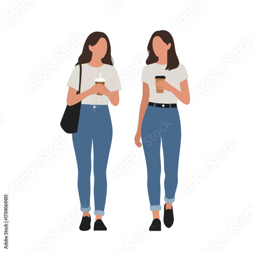vector illustration Two women walking with drinks