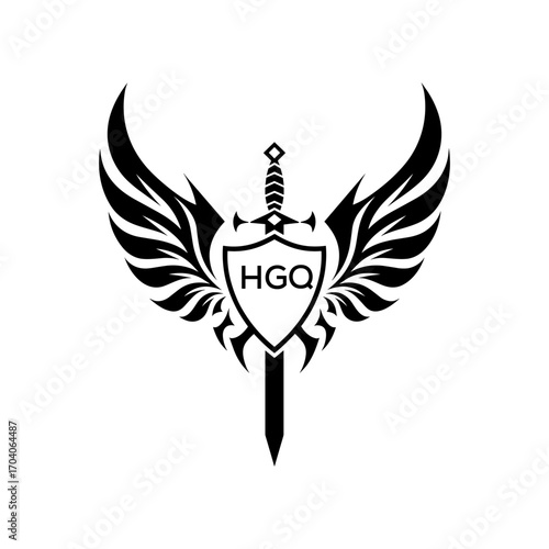HGQ  "Warrior Shield and Sword Emblem with Wings Logo," HGQ Later Logo,  "Black Tribal Winged Sword Crest Vector," 
