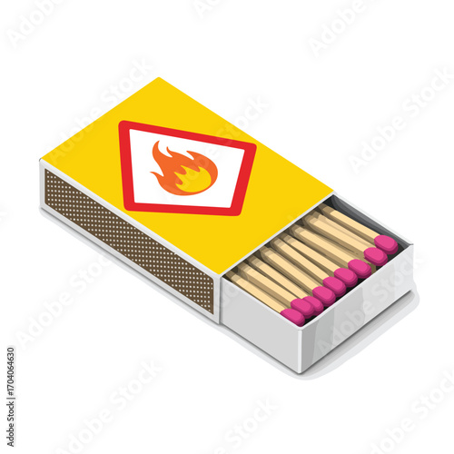 An open cardboard matchbox with several red-tipped wooden matchsticks inside