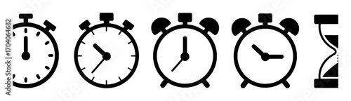 Collection of Timekeeping Devices: Stopwatches, Alarm Clocks, and Hourglass Icons