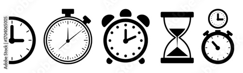Icons of Time: Clocks, Stopwatch, Alarm Clock, and Hourglass