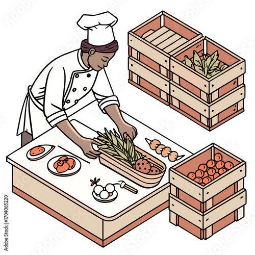  A chef is preparing vegetables on a kitchen counter.