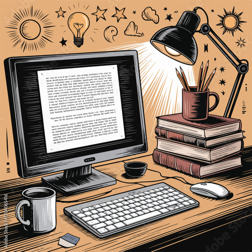 An illustration of a desk with a computer, monitor, keyboard, and mouse, perfect for a business or office work setting