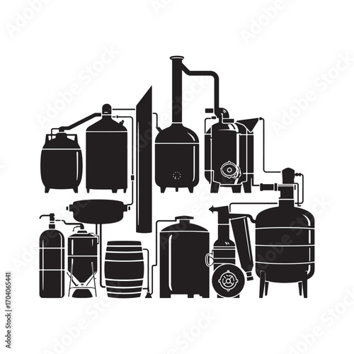 Silhouette of a distillation system with various tanks and pipes