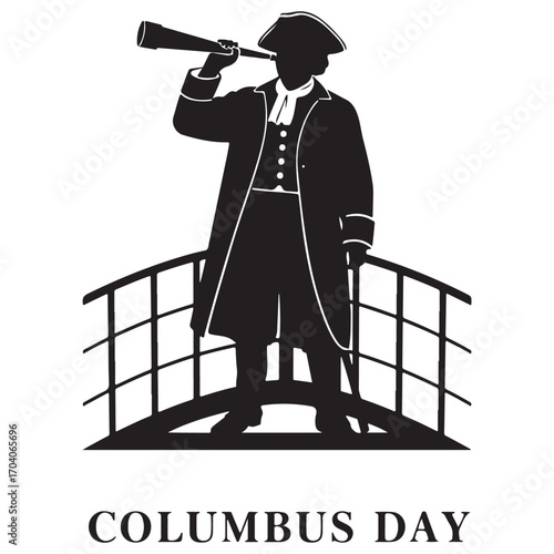 Silhouette of a historical figure looking through a telescope on a bridge celebrating columbus day
