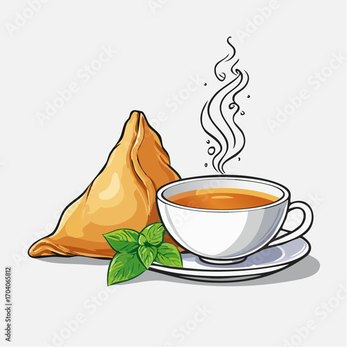 Vector illustration of a traditional Indian snack time with a crispy samosa, a steaming hot cup of tea, and fresh mint leaves