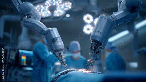 Robotic arms perform surgery in a modern operating room with medical staff