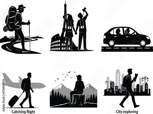 Travel and exploration illustration set, hiking, sightseeing, road trip, flight, nature escape, city walk icons, vector lifestyle concept