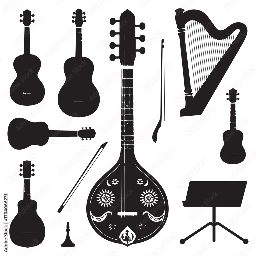 Fototapeta premium Collection of silhouetted musical instruments including guitars sitar harp and violin bow on white background