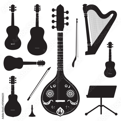 Collection of silhouetted musical instruments including guitars sitar harp and violin bow on white background