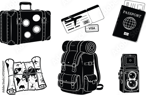 Travel icon set, suitcase, airline ticket, passport, map, hiking backpack, vintage camera, vector adventure and exploration concept design