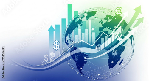 Global financial growth with currency symbols and rising graph, illustrating international market trends, economic development, and investment opportunities in business
