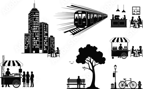 Urban life icon set, city buildings, subway train, food stands, café, park bench, bicycles, vector lifestyle and street concept design