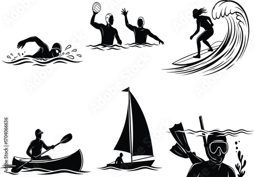 Water sports icon set, swimming, water polo, surfing, canoeing, sailing, snorkeling, vector aquatic activity and ocean recreation concept design
