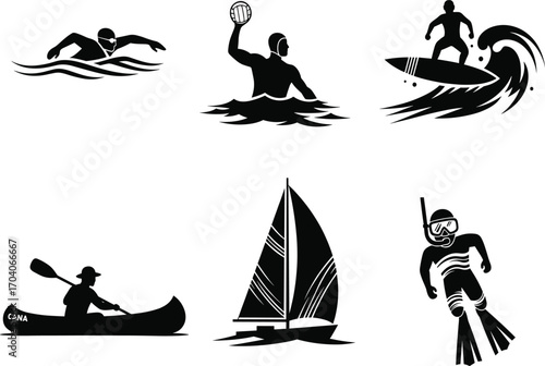 Water sports icon set, swimming, water polo, surfing, canoeing, sailing, snorkeling, vector aquatic activity and recreation concept design