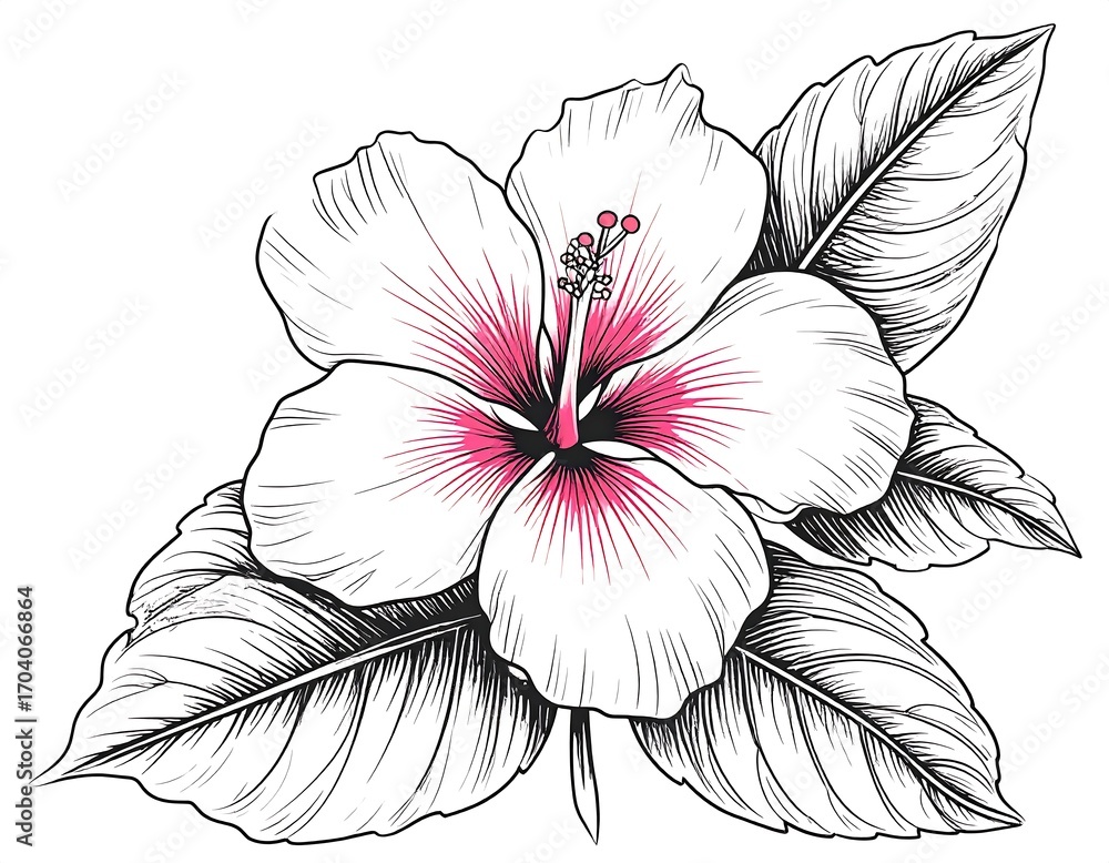 Fototapeta premium Detailed line art of a hibiscus flower, white petals with pink accents, intricate leaves