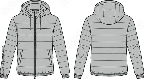 Cad drawing flat vector illustration, hooded winter jacket front back view, insulated coat sketch, technical fashion design template