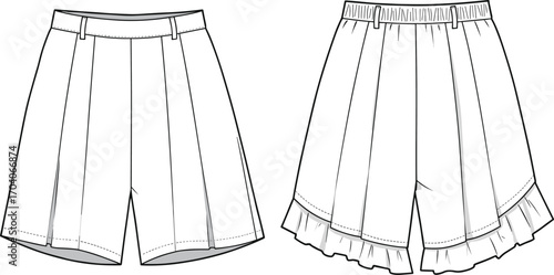 Technical shorts sketch, fashion flat vector, CAD drawing, tailored and ruffle hem styles, garment illustration, apparel design, isolated template