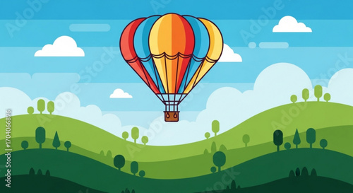 Hot air balloon flying over green hills with trees and clouds in the sky, a beautiful landscape for travel and adventure, perfect for poster