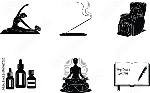 Wellness icon set, yoga, meditation, massage chair, incense, essential oils, journal, self-care symbols, vector relaxation concept design