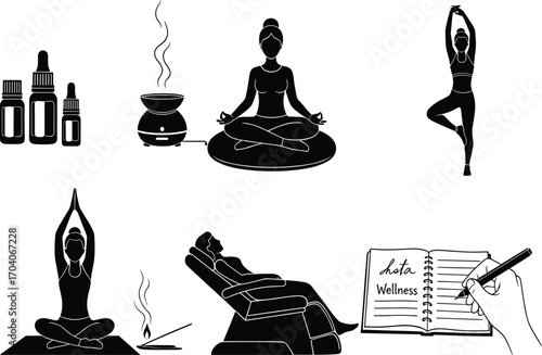 Wellness icon set, yoga, meditation, massage chair, incense, essential oils, journaling, self-care symbols, vector relaxation and balance concept