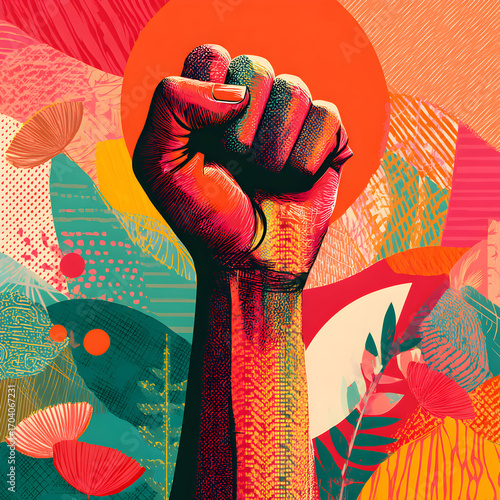 Colorful Abstract Illustration of a Raised Fist Symbolizing Solidarity and Empowerment against Vibrant Background