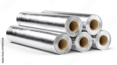Beautiful photo of rolls of aluminum foil insulation material isolated on white background for thermal protection and radiant energy barrier.