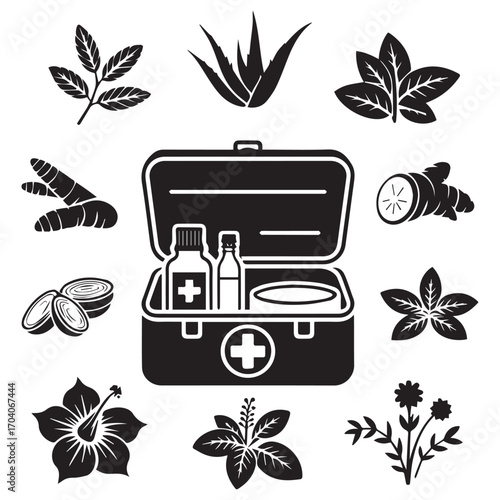 Herbal remedies and natural healing ingredients arranged around an open first aid kit with medical supplies and a cross symbol