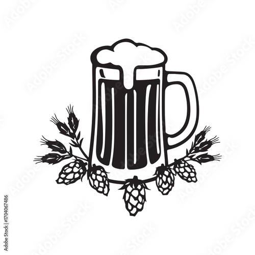 Vintage illustration of a frothy beer mug surrounded by hops and barley stalks