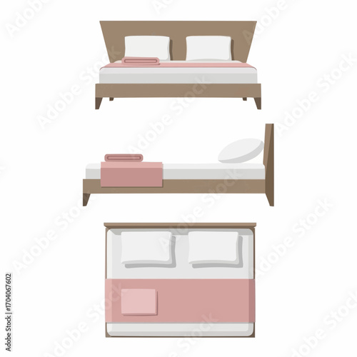 Minimalist Bedroom Furniture Set Illustration, Bed, Pillows, Pink, White, Simple Design