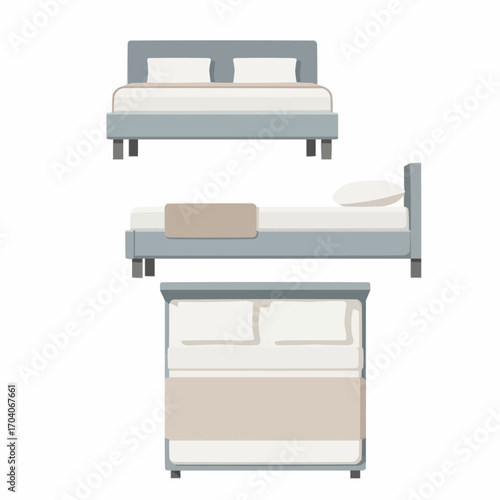 Minimalist Bedroom Furniture Set Illustration with Bed and Pillows in Different Views
