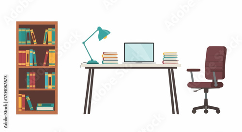 Flat vector illustration of an office. Bookshelf, laptop, and chair, work from home.