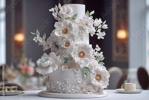A sophisticated and fancy white wedding cake decorated with sugar flowers, offering a timeless touch to the celebration