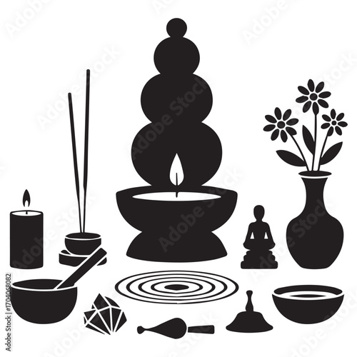 Serene black silhouette of a meditation and spa scene with incense candles flowers and zen objects