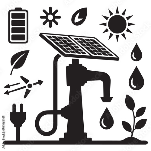 Silhouette collection of renewable energy and sustainable resources icons including solar panel water pump leaves and sun