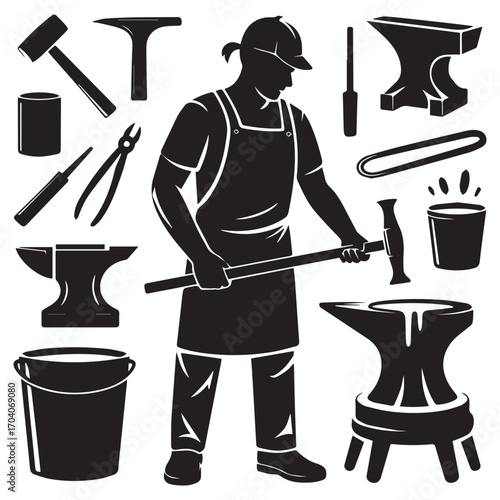 Silhouette of a blacksmith working at an anvil with tools and equipment in a workshop setting