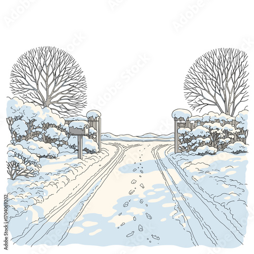 Snowy country road with footprints and gates in winter landscape