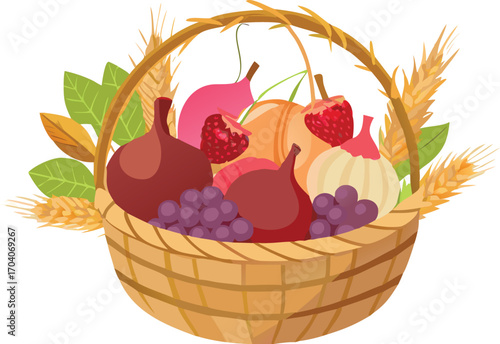 A bountiful harvest basket, filled with fresh fruits, vegetables, and grains, symbolizing abundance and the joys of autumns harvest season